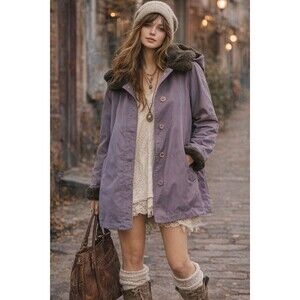 Vintage Fitz Faux Fur Lined Hooded Coat Lavender Purple Detachable Hood M L